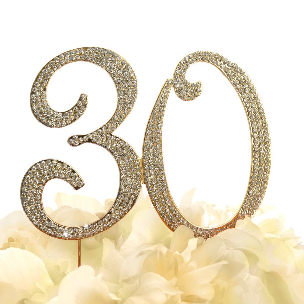 Rhinestone Cake Topper - Number 30 - Gold Metal with Czech Rhinestones